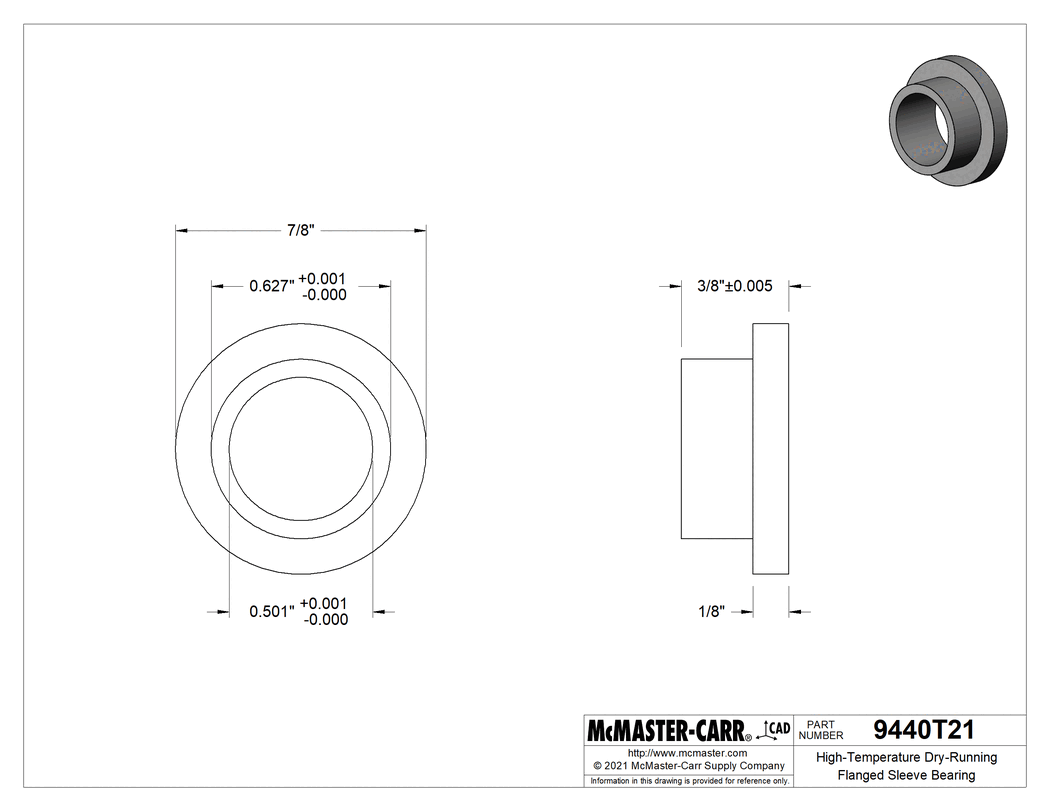 Technical Drawing of High-Temperature 841 Bearing Bronze Flanged Sleeve Bearing, Graphite-Lubricated, for 1/2" Shaft Diameter, 3/8" Long.